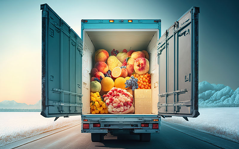 A truck transports an abundance of healthy fruits, representing
